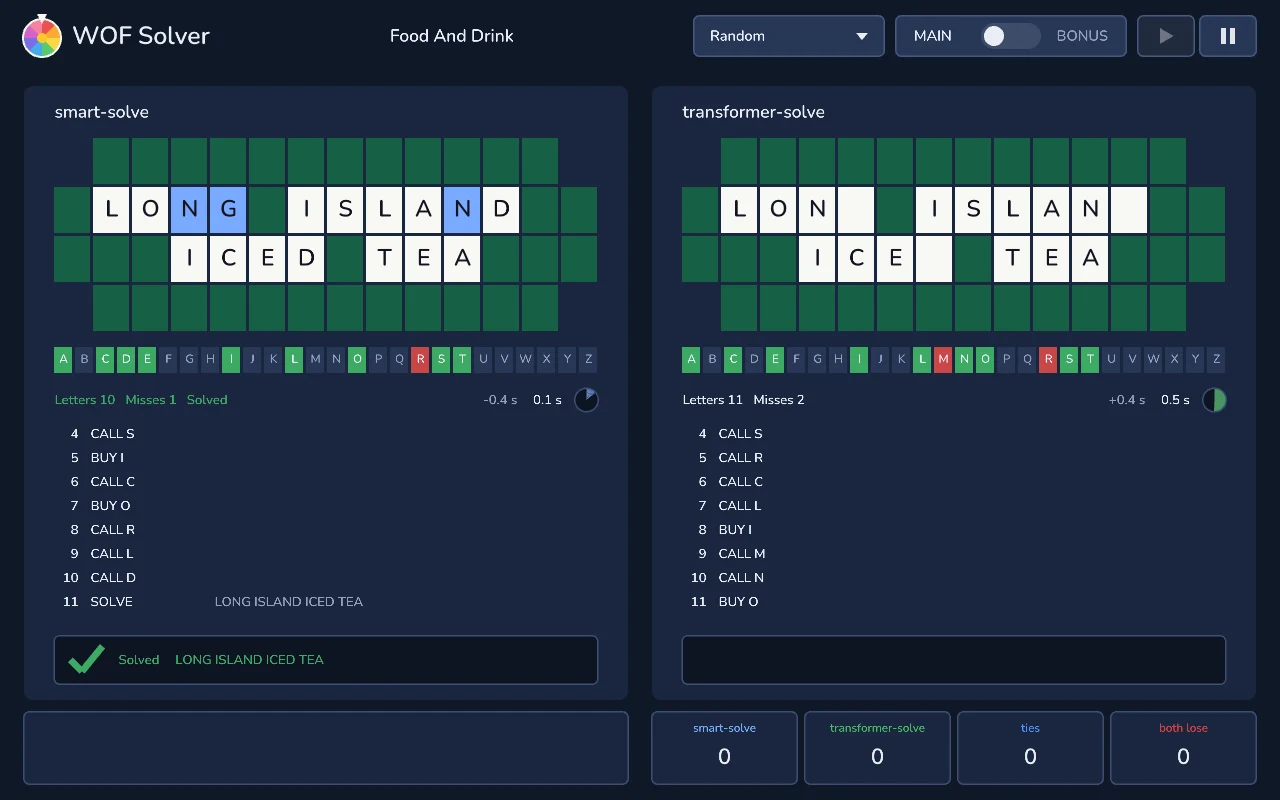 The WOF Solver game: smart-solve and transformer-solve play the same Food And Drink puzzle side by side. smart-solve has solved LONG ISLAND ICED TEA after 10 letters, and transformer-solve is still calling letters.